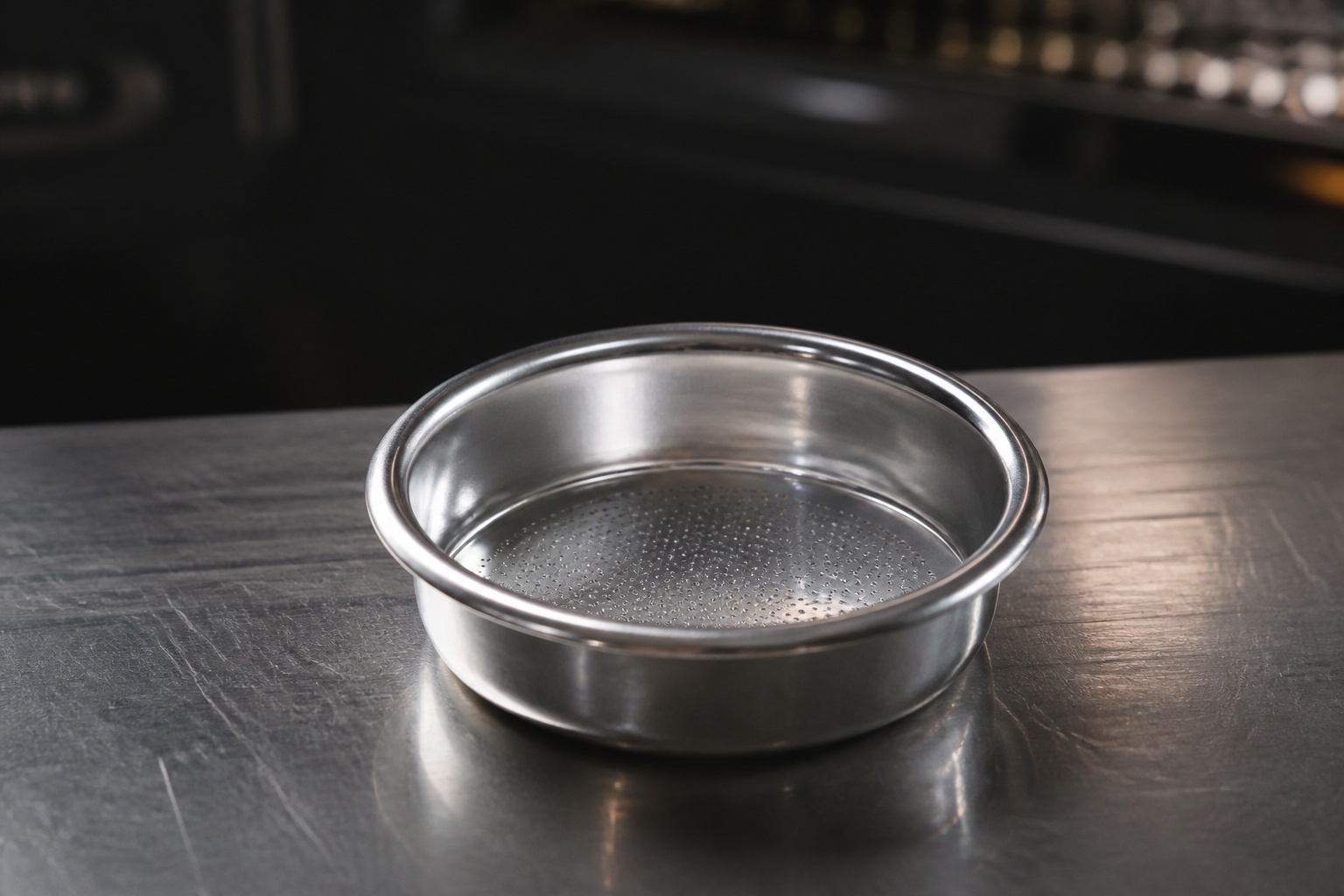 Portafilter basket on a steel bar