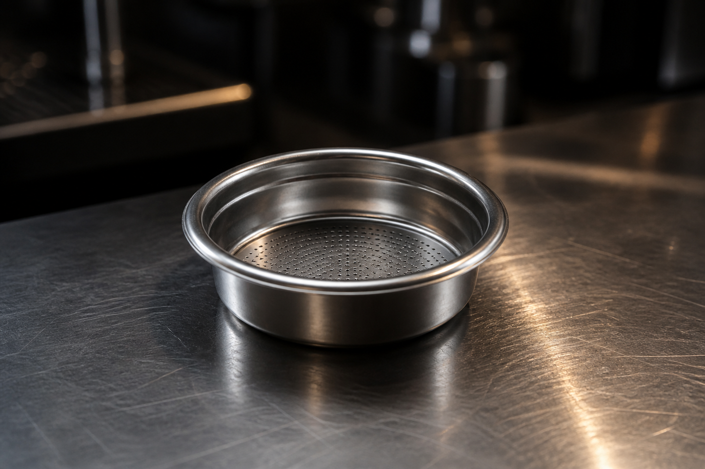 58 mm portafilter basket on a steel bar