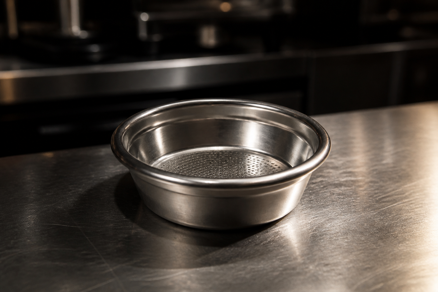 58 mm portafilter basket on a steel bar
