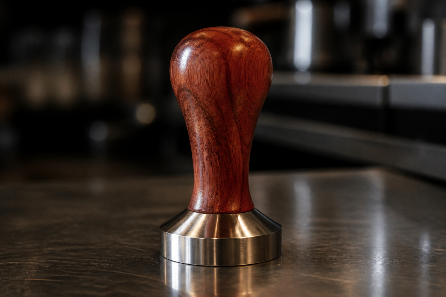 58mm wood-handle tamper on a steel bar
